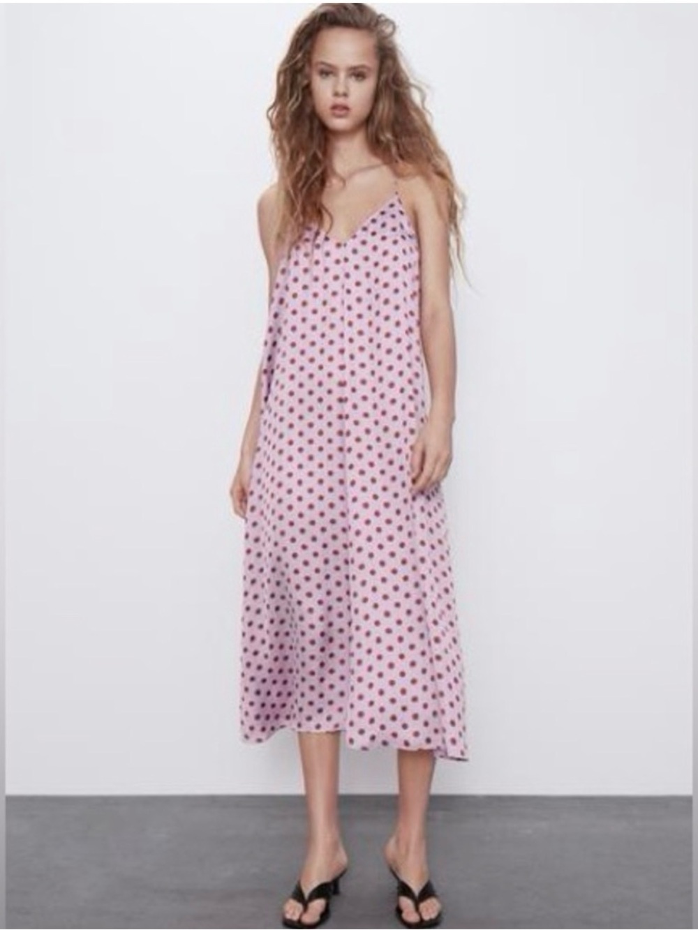 Zara Mauve Maxi Slip Dress with Burgundy Polka Dots